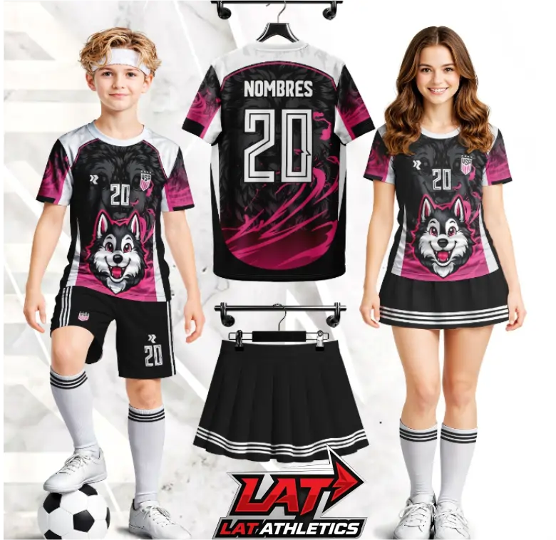 conjunto deportivo personalizado con lobo fucsia con falda  short para niñas