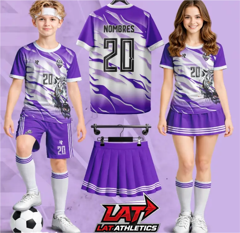 conjunto deportivo personalizado tigre color morado con falda  short para niños