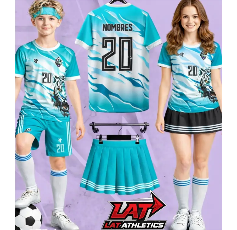 conjunto deportivo personalizado color  celeste con falda  short para niños